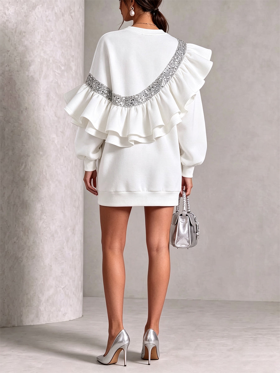 Glamorous Sequin Ruffled Oversize Sweatshirt Mini Dress