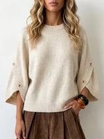 Crew Neck Side‑button Decor Loose Batwing 3/4 Sleeve Knit Pullover