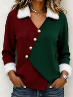 Women's Color Block Burgundy And Green Sweater With Diagonal Buttons