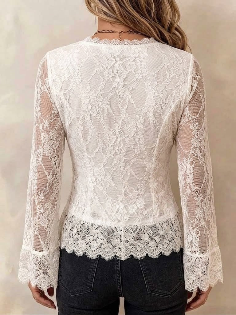 Fitted V-neck Lace Top With Flared Sleeves