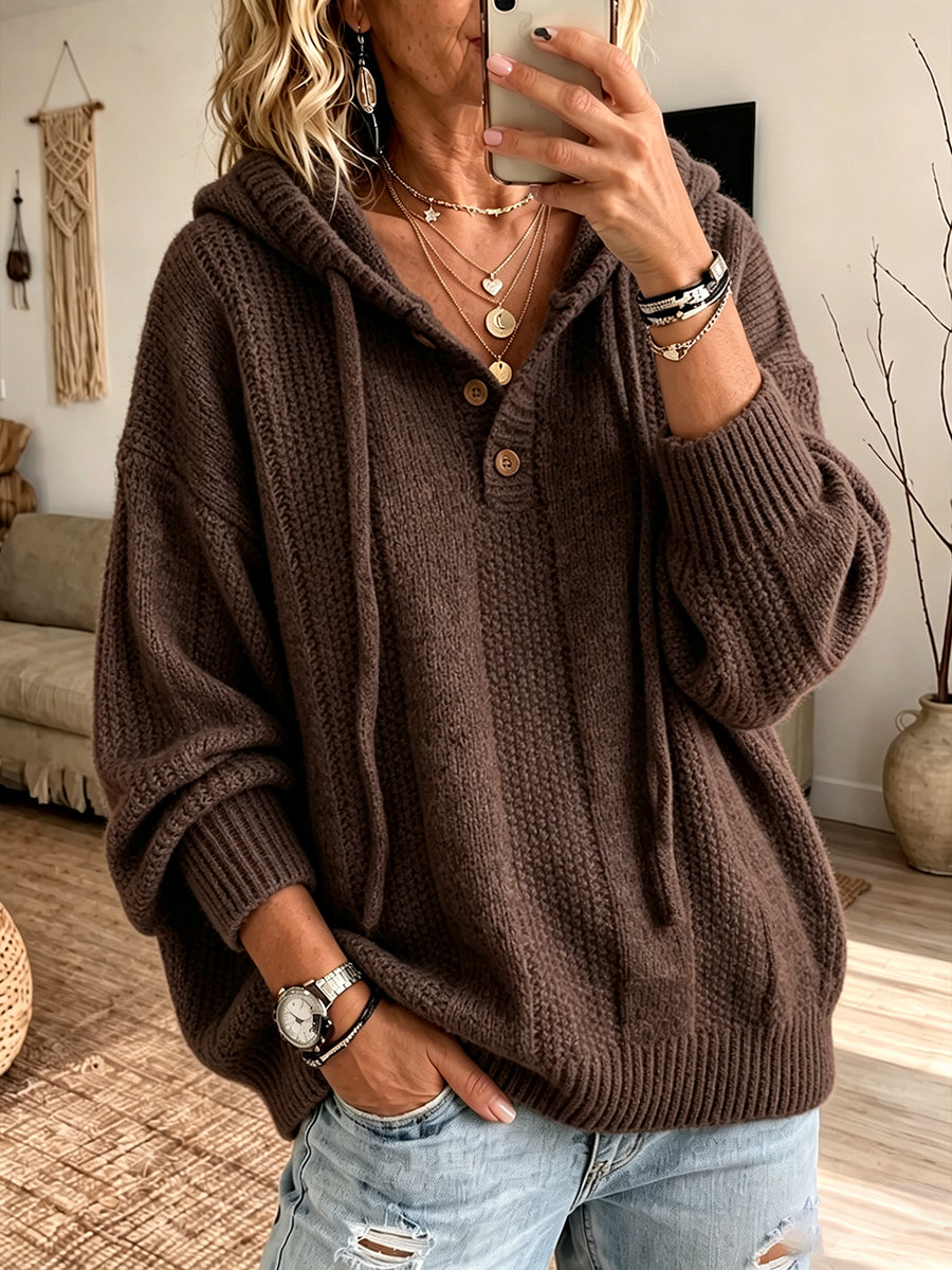 Cozy-chic Chunky-knit Hooded Henley Sweater