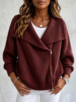 Collared Knit Jacket With Double Zippers