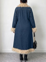 Vintage Longline Denim Coat With Faux Fur Trim And Tie Waist