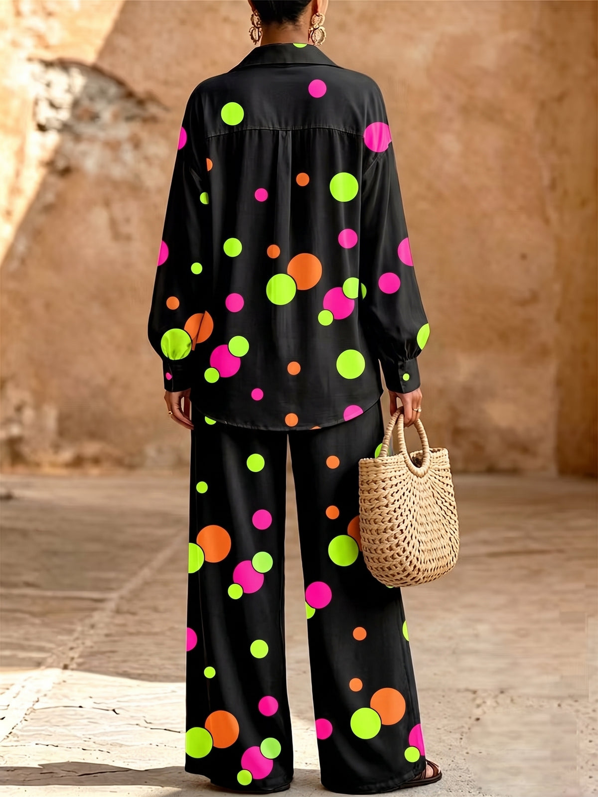 Vibrant Neon Polka Dot Print Linen Two-Piece Set