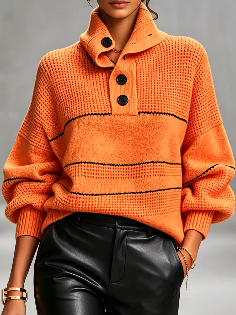Cozy, Chic Knit Top With A Buttoned Stand Collar And Contrasting Stripes.