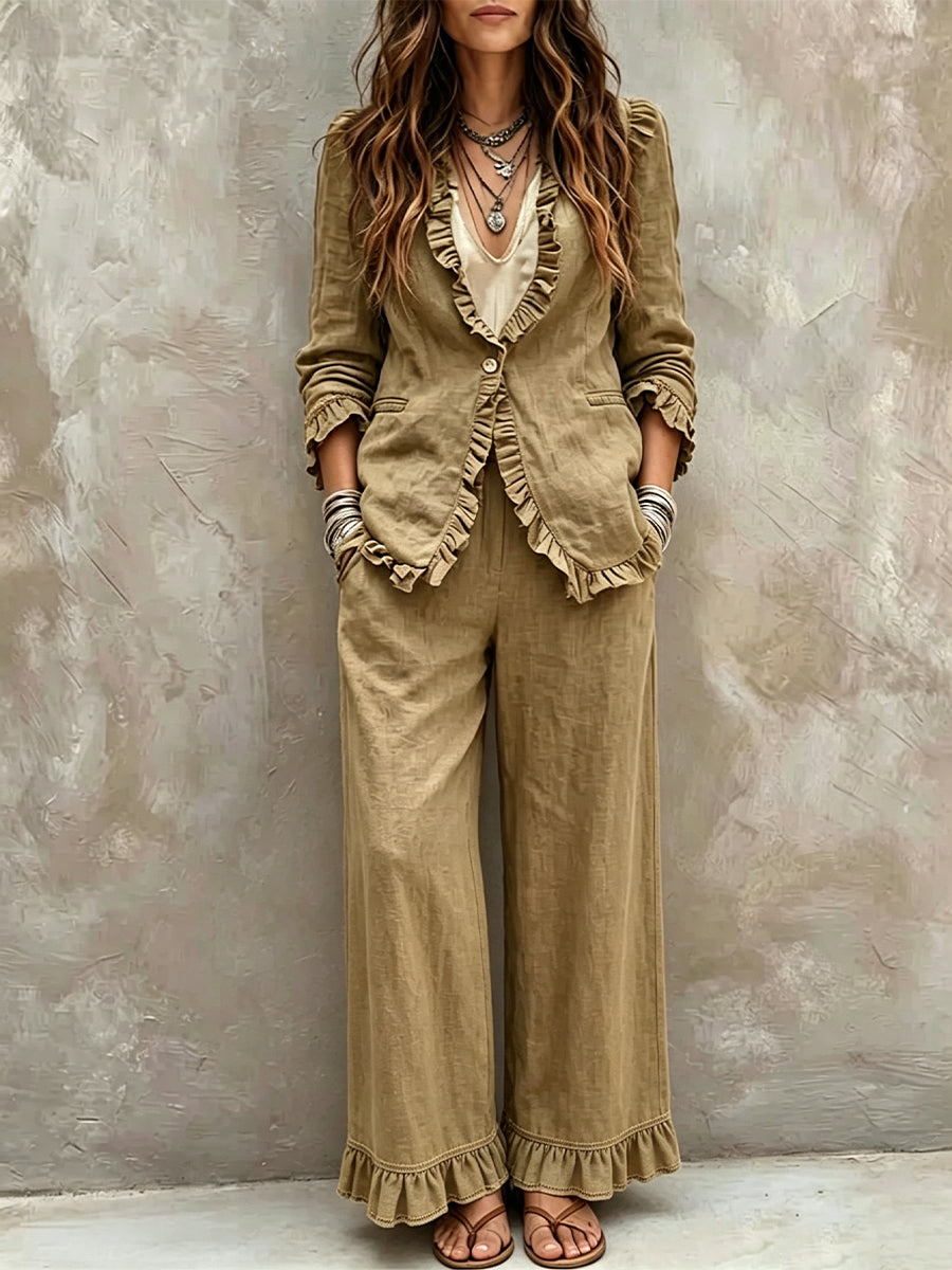 Casual Linen-cotton Wide-leg Trousers With Ruffle Details