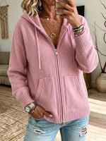 Solid-color Loose-fit Hooded Knit Cardigan With Zipper