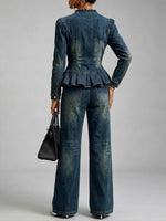 Vintage-style Ruffled Denim Top And Pants Two-piece Set