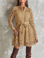 Stand Collar Full Button Hollow Water-soluble Lace Waist Tie Mini Shirt Dress