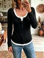 Chic Ribbed Knit Top Featuring A White Knit "faux-layered" Panel Design.