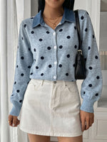 Chic Denim Patchwork Polka Dot Knit Cardigan