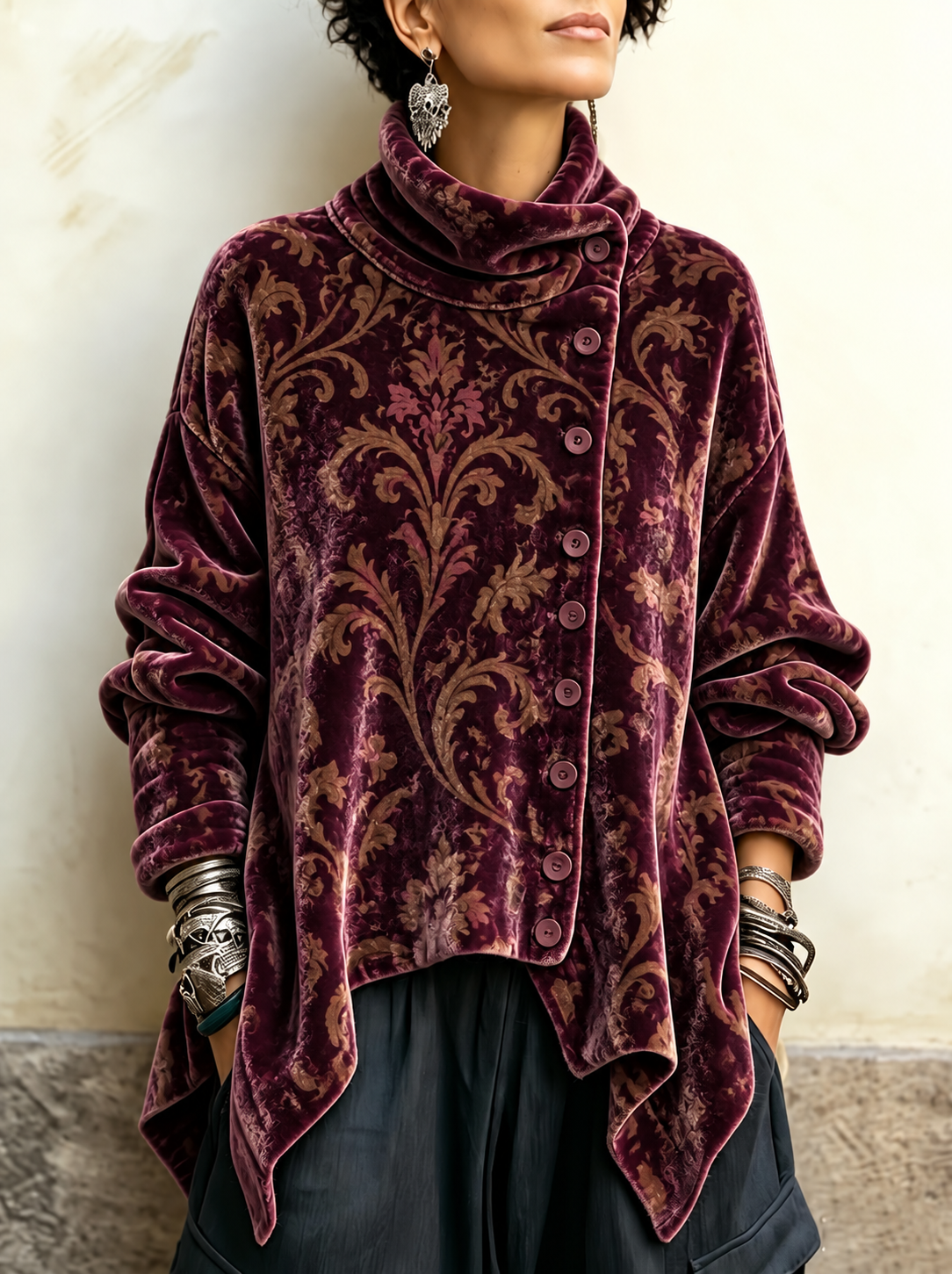Vintage Plum Velvet Baroque Damask Asymmetric Button Tunic with Funnel Neck