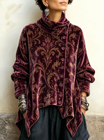 Vintage Plum Velvet Baroque Damask Asymmetric Button Tunic with Funnel Neck