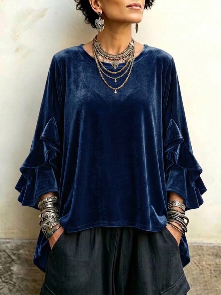 Velvet Ruffle-trim Flared-sleeve Crew-neck Top