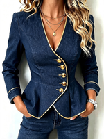 Chic Gold-tone Stretchy Denim Peplum Blazer Jacket