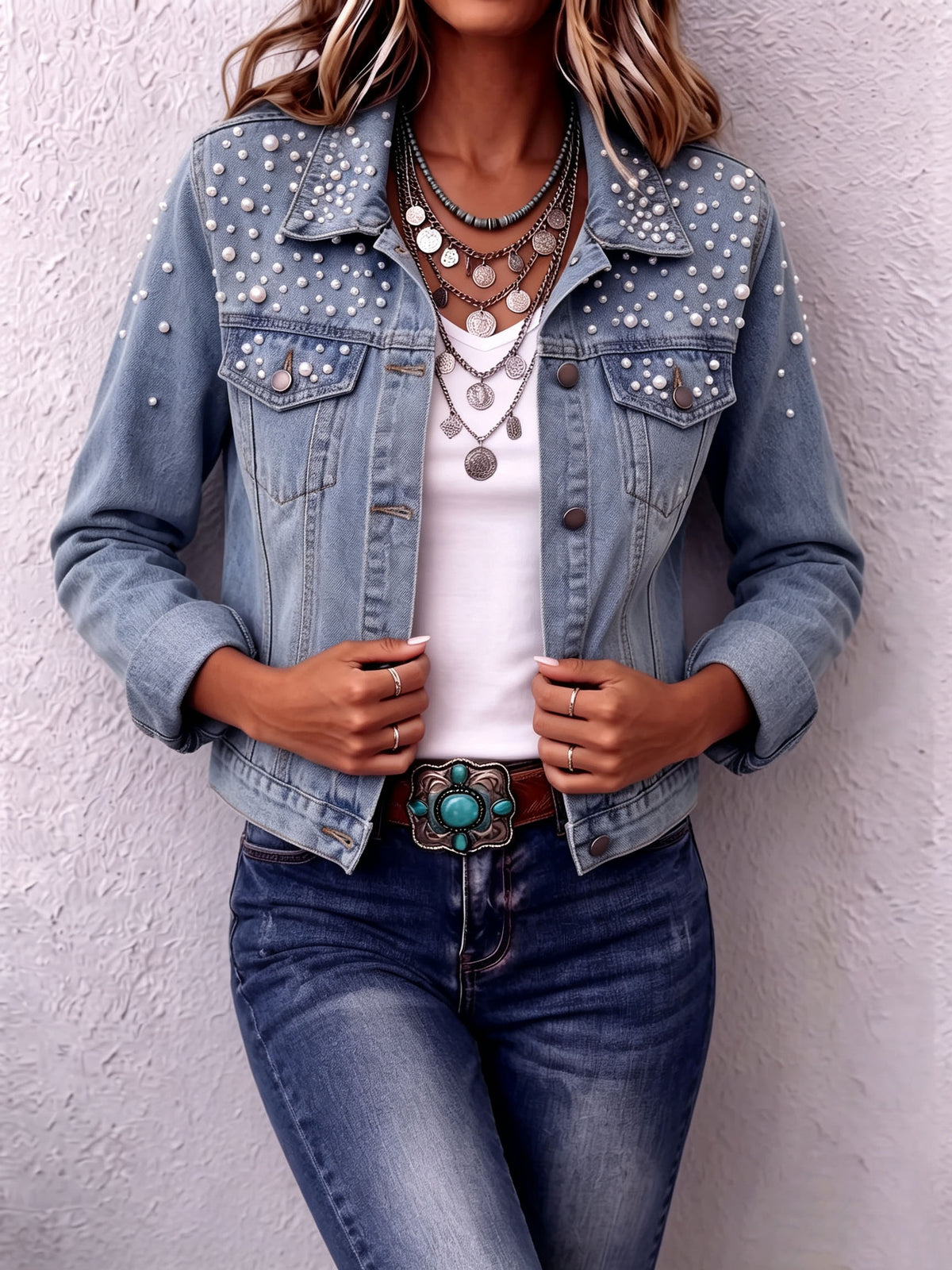 Chic Trendy Pearl Beaded Denim Jacket