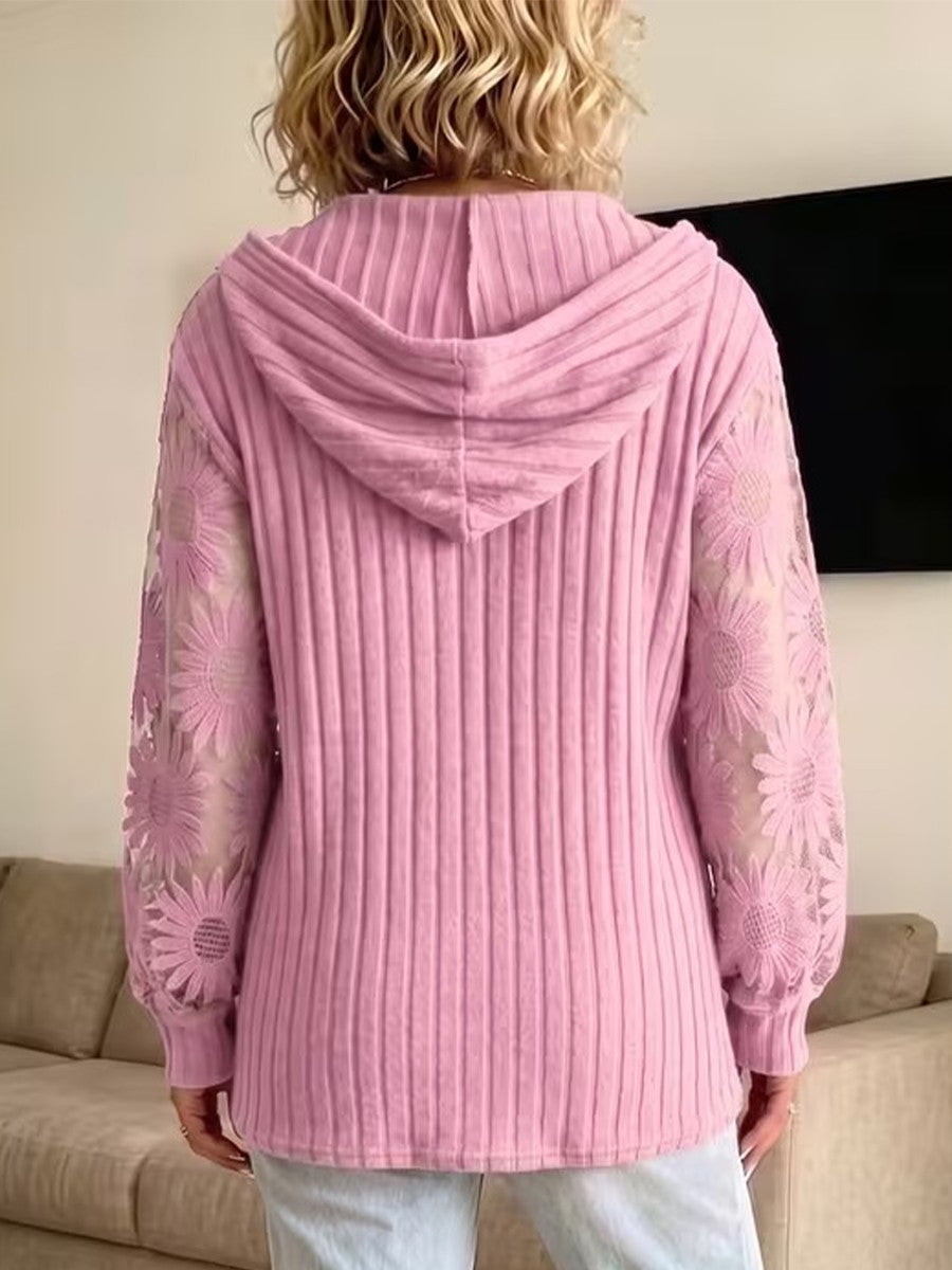 Solid-color Hooded Long-sleeve Lace-knit Top With Cut-out Details