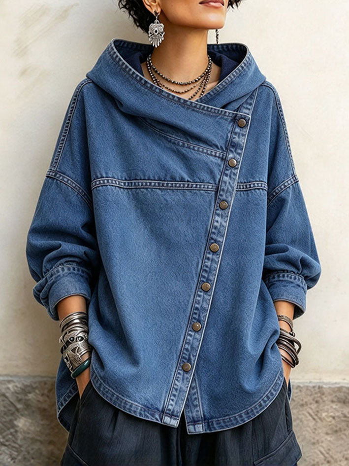 Relaxed Oversized Denim Asymmetrical Button Hooded Jacket