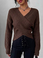 Solid-color Off-shoulder Knit Top With A Crossover V-neck
