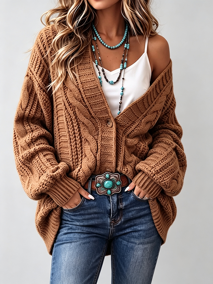 Retro Western Cable Knit Oversized Cardigan Sweater