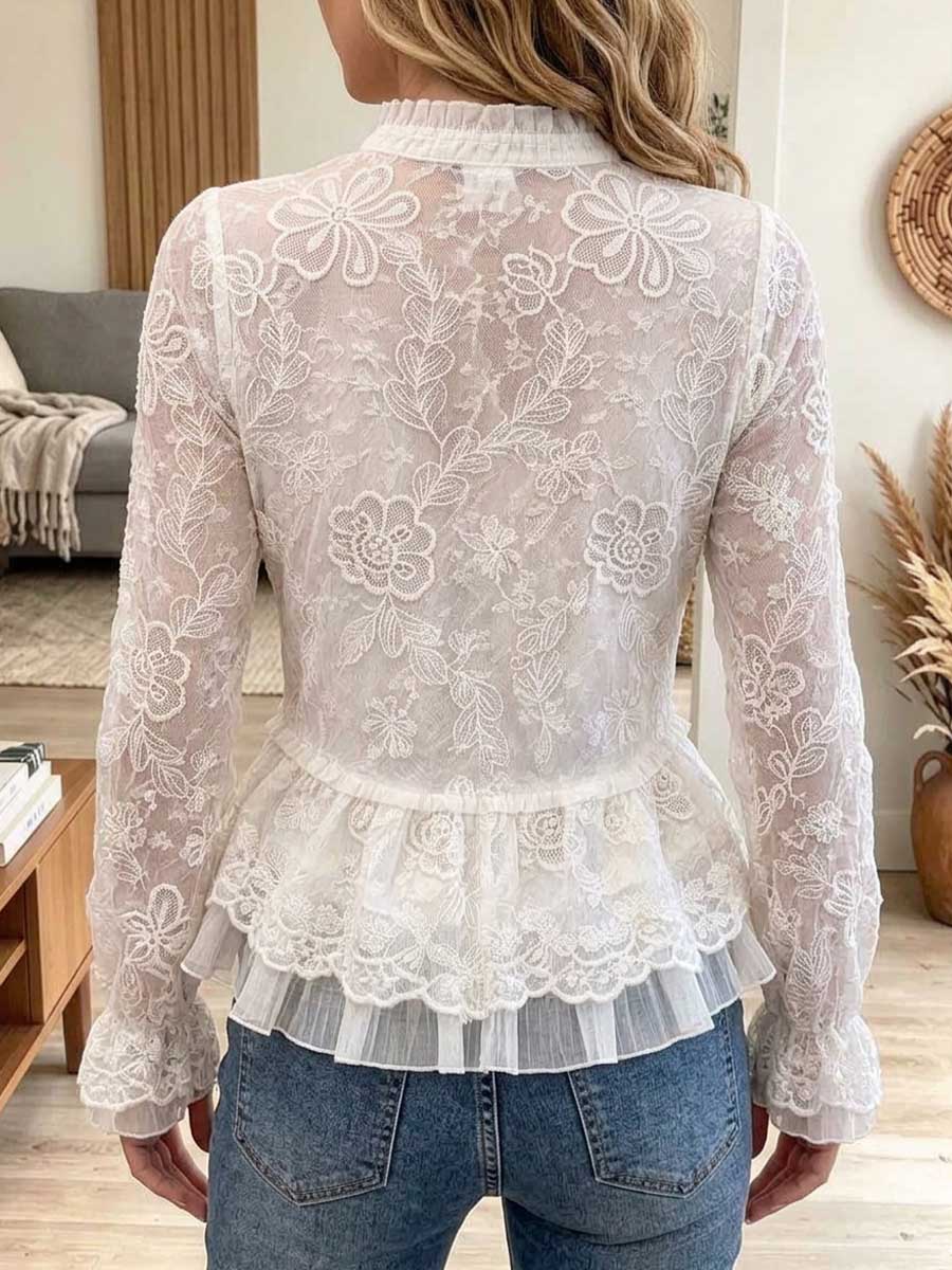 Women's Elegant Floral Lace Sheer Button-Down Peplum Blouse
