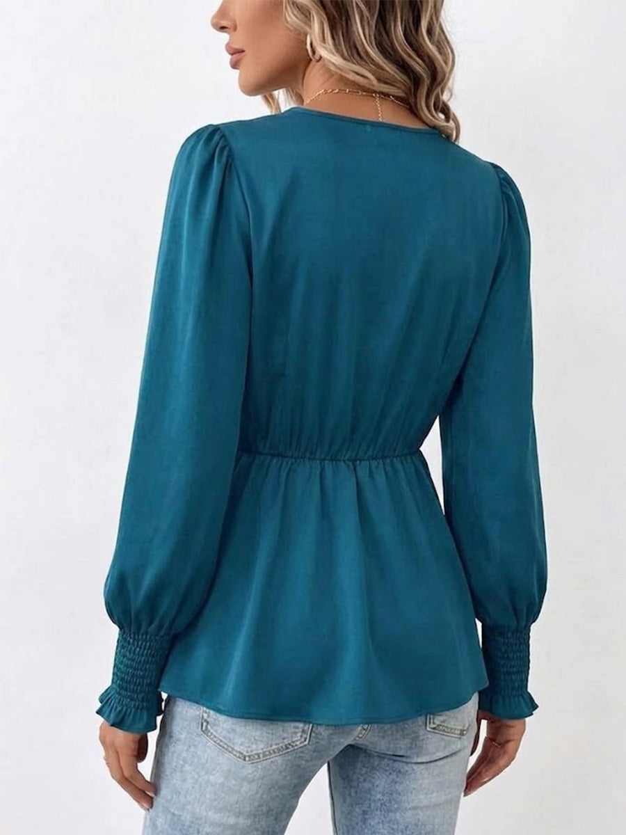 Elegant Solid-color Shirt With V-neck, Tie-waist, And Fitted Silhouette