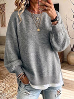 Loose-fit Knit Sweater With A Round Neck, Lantern Sleeves, And Side Slits