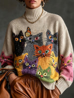 Chic High-neck Knit Top With Cat Graphic Print