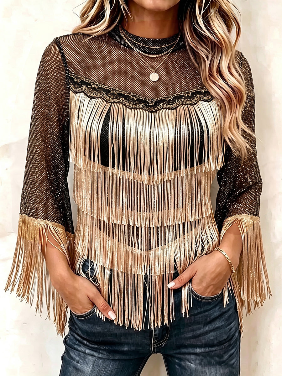Glamorous Metallic Fringe Shimmer Mesh Top