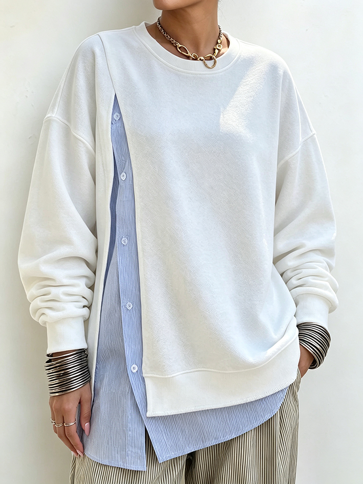 Cozy Blue Striped Shirt-panel Sweatshirt (faux-layered Look)