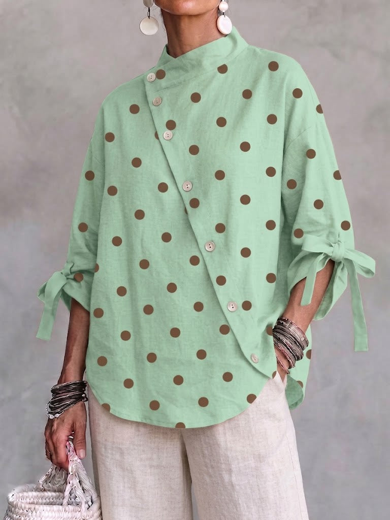 Asymmetric-placket Polka-dot Tie-front Linen-blend Shirt