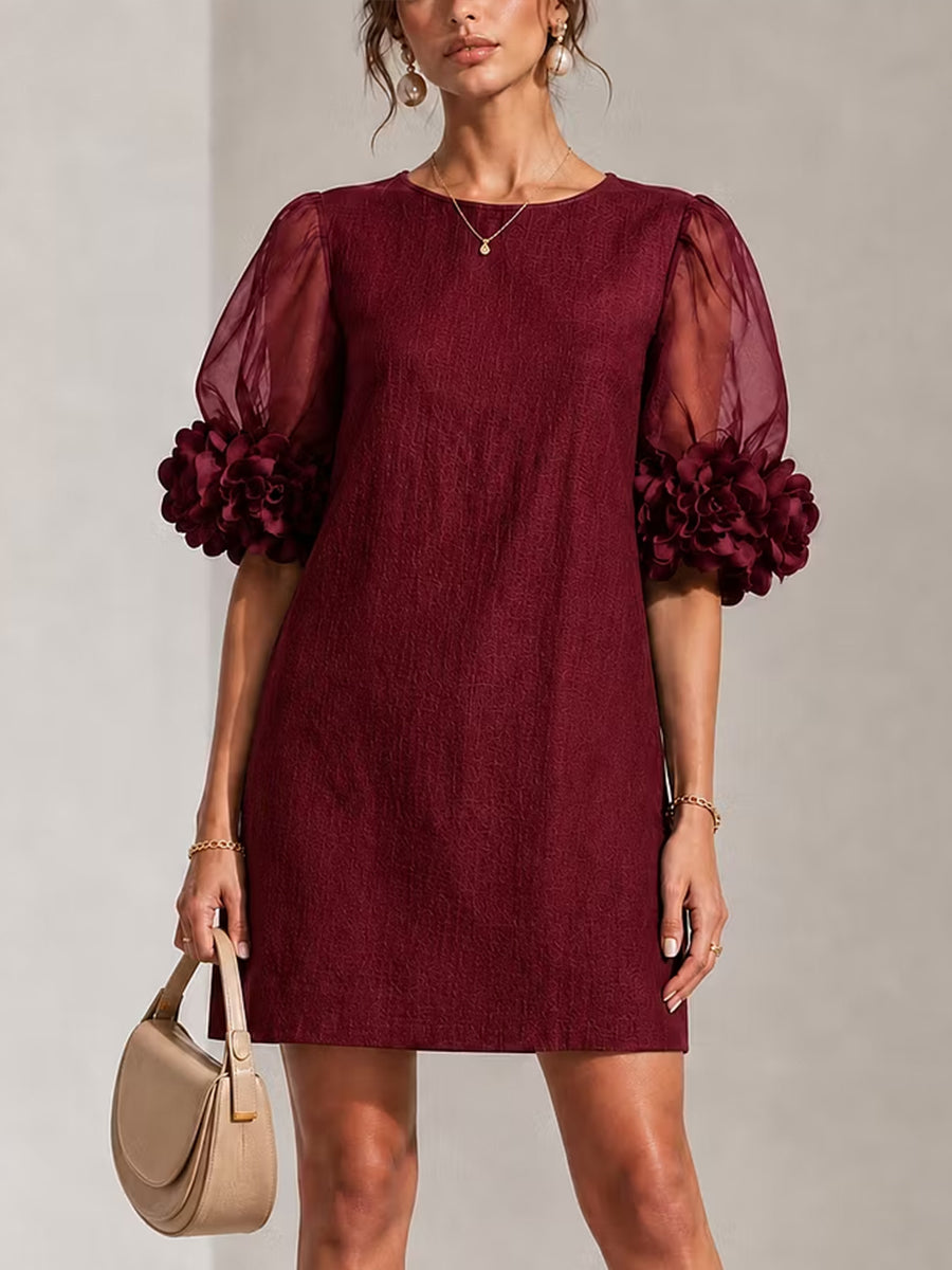 Elegant Burgundy 3D Rosette Organza Sleeve Mini Dress