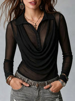 Sheer Knit Polo Shirt With A Draped, Stacked Collar