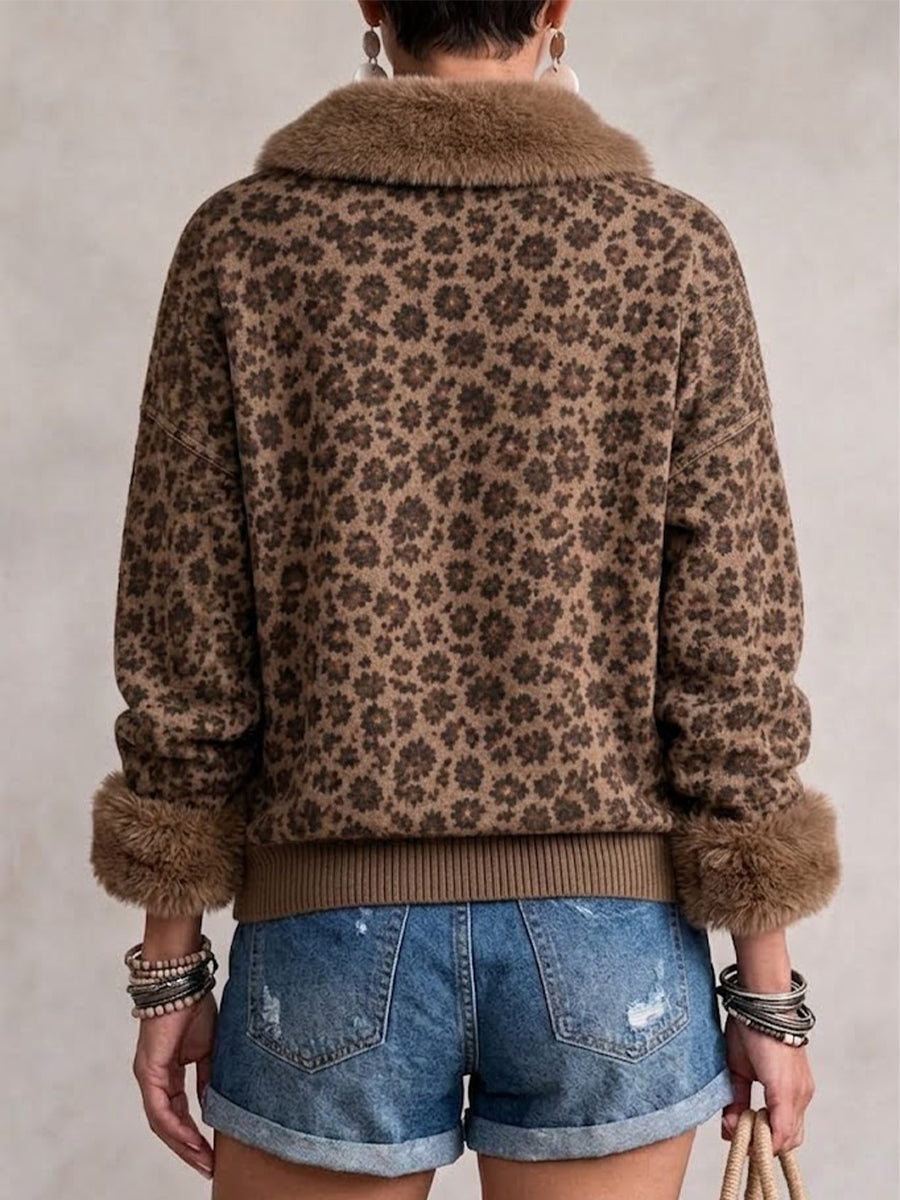 Leopard Print Top With Furry Collar & Cuffs, Henley Loose Blouse