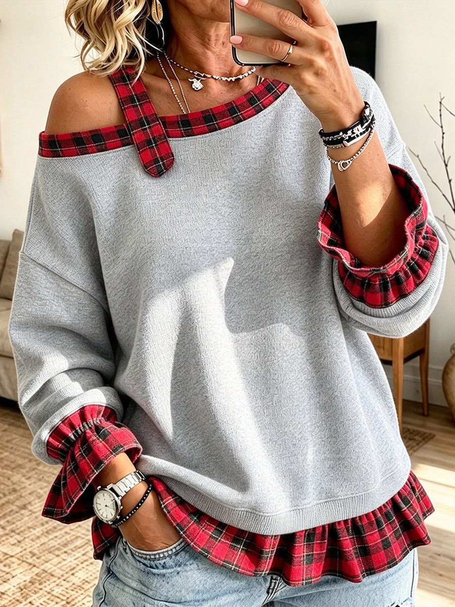 Casual Chic Plaid-paneled Off-shoulder Sweatshirt