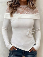 Fitted Ribbed Long-sleeve Top With Lace Splicing And 3d Floral Details