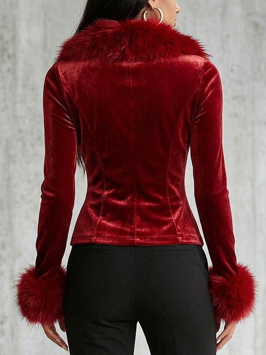 Glamorous Red Velvet Zip-up Jacket With Faux Fur Trim