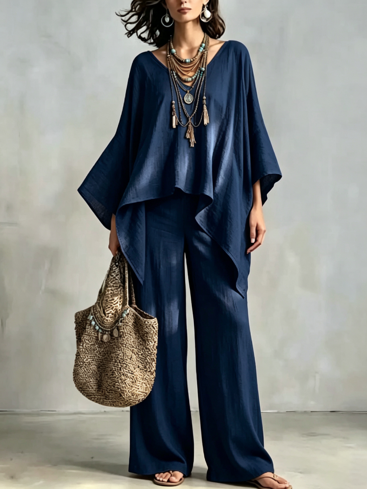 Loose-fit Solid-color Set With A Round Neck And Asymmetrical Design.
