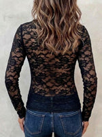 Slim-fit Long-sleeve Lace Top With A V-neck And Scalloped Trim