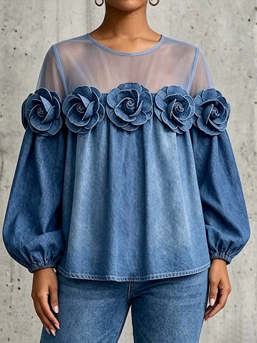 Oversized Denim Top With Mesh Shoulder Panels And 3d Rose Embellishments.