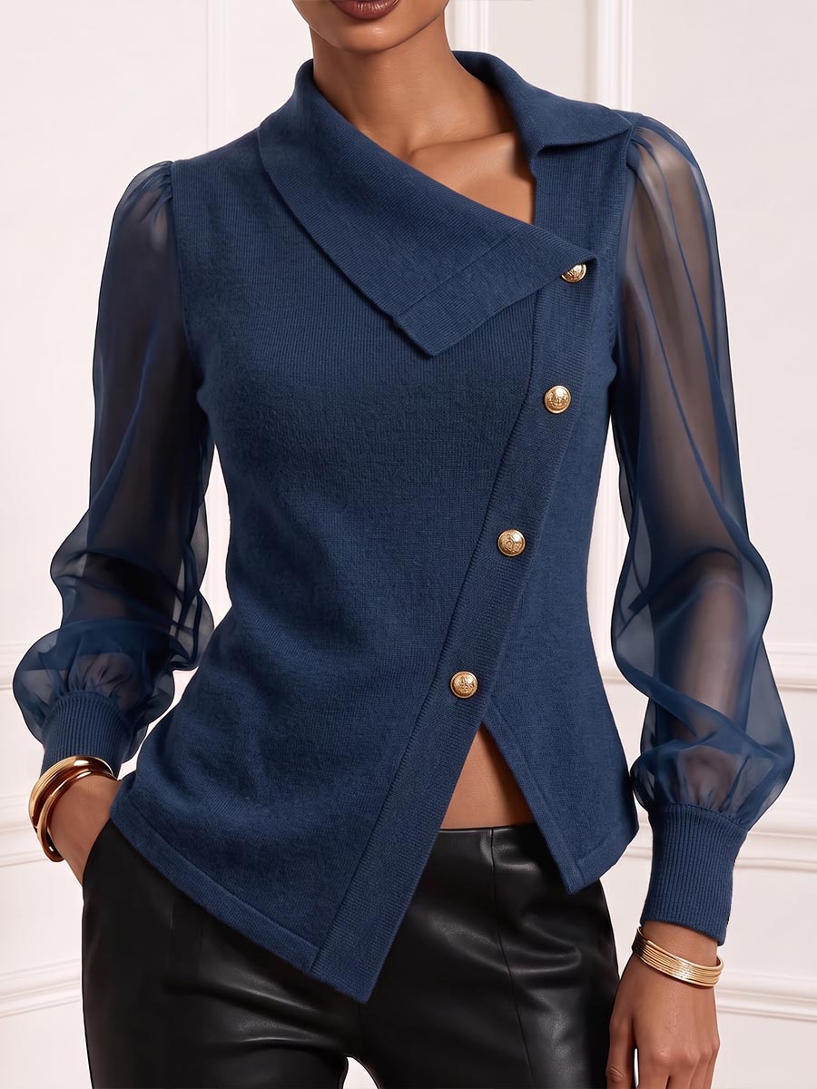 Women's Collared Long-sleeved Chiffon And Knitted Top