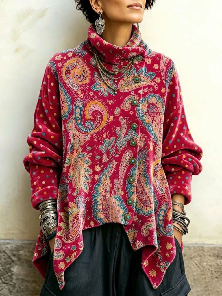 Velvet High-neck Top Featuring A Vintage Paisley Print And An Asymmetrical Button-front Design