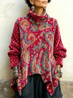 Velvet High-neck Top Featuring A Vintage Paisley Print And An Asymmetrical Button-front Design
