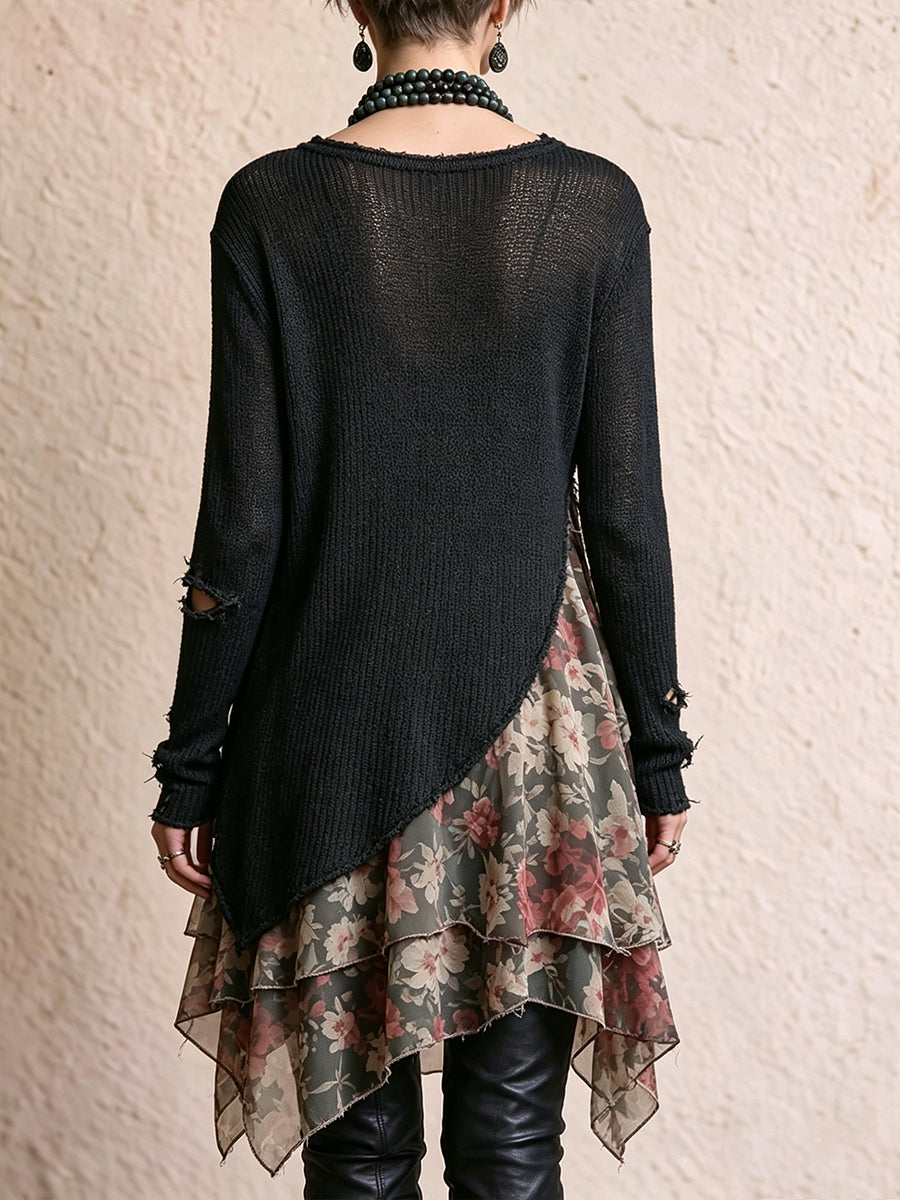 Chic Black Distressed Knit and Floral Asymmetric Tunic