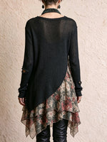Chic Black Distressed Knit and Floral Asymmetric Tunic