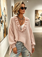 Elegant Ruffled Neckline High-low Curved Hem Pink Sweater