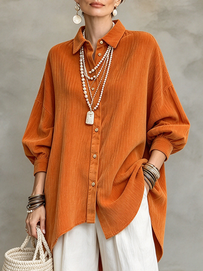 Chic Vintage Textured Orange Button-down Long Sleeve Shirt
