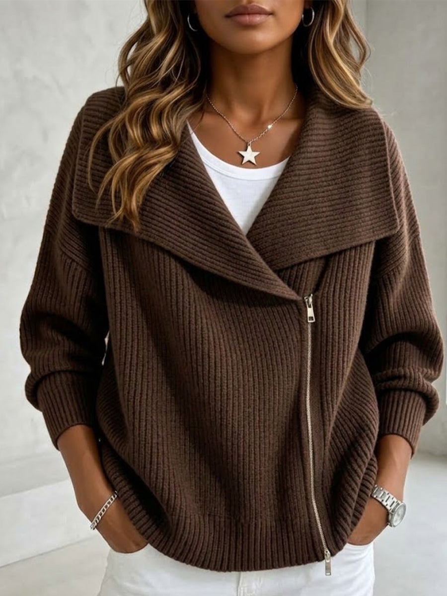 Collared Knit Jacket With Double Zippers