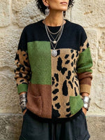 Color-block Leopard Print Crew-neck Knit Sweater With A Pocket