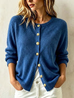 Gold-button Knit Cardigan With Crew Neck
